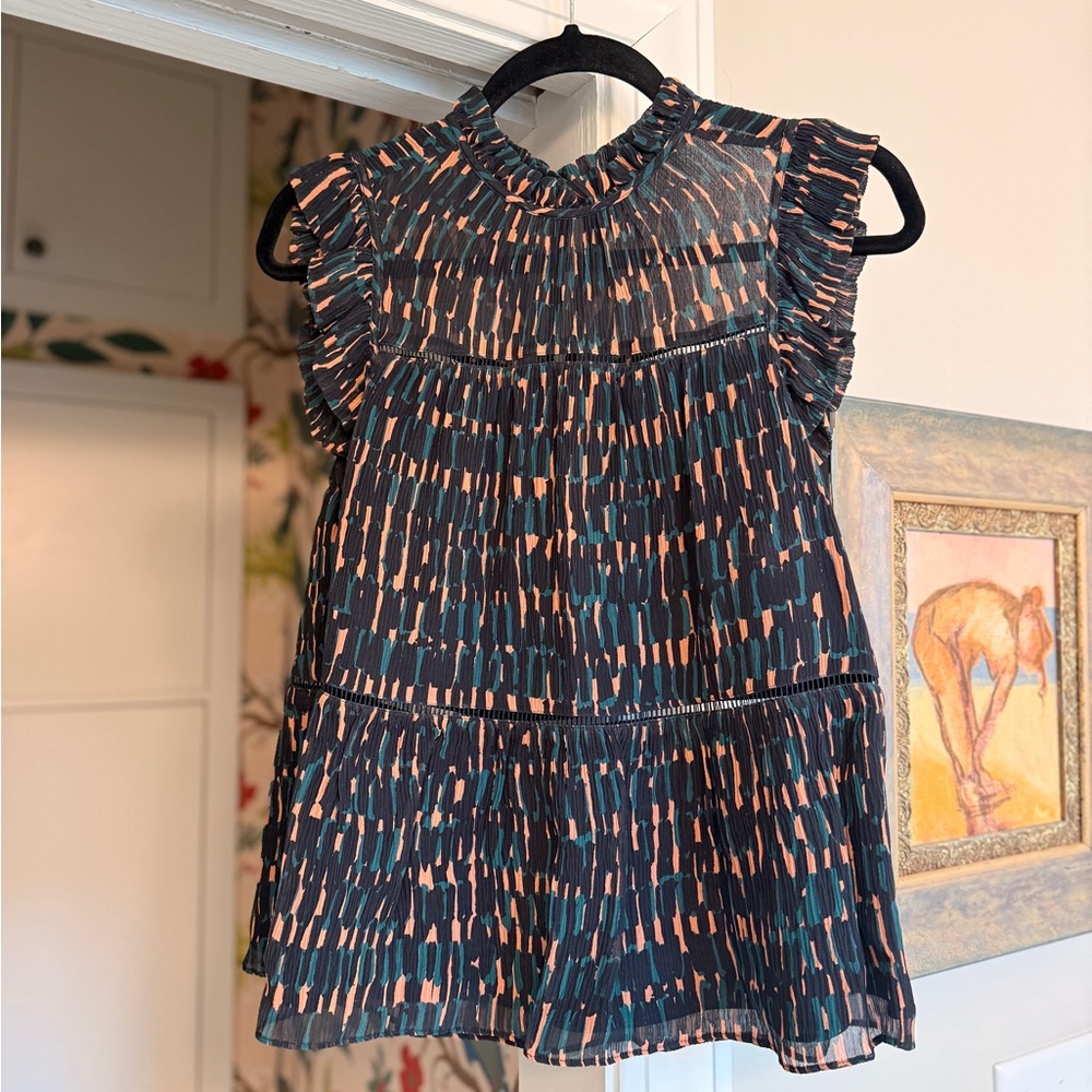 Women's Black, Green, & Coral silk blend blouse. Marie Oliver size S